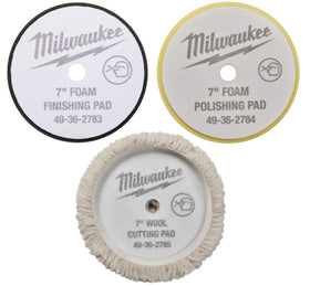 Milwaukee front packaging showing three 7" pads and kit benefits