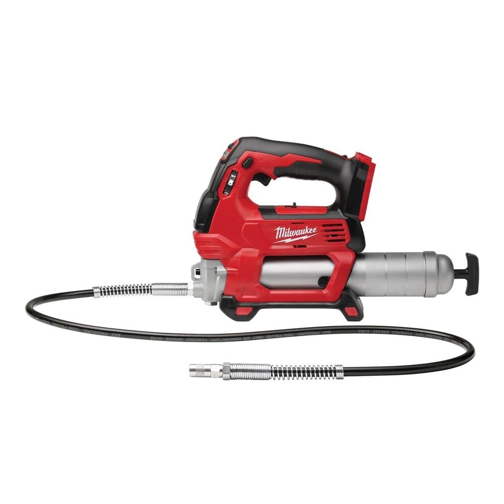 milwaukee grease gun front view showing hose and controls for improved access
