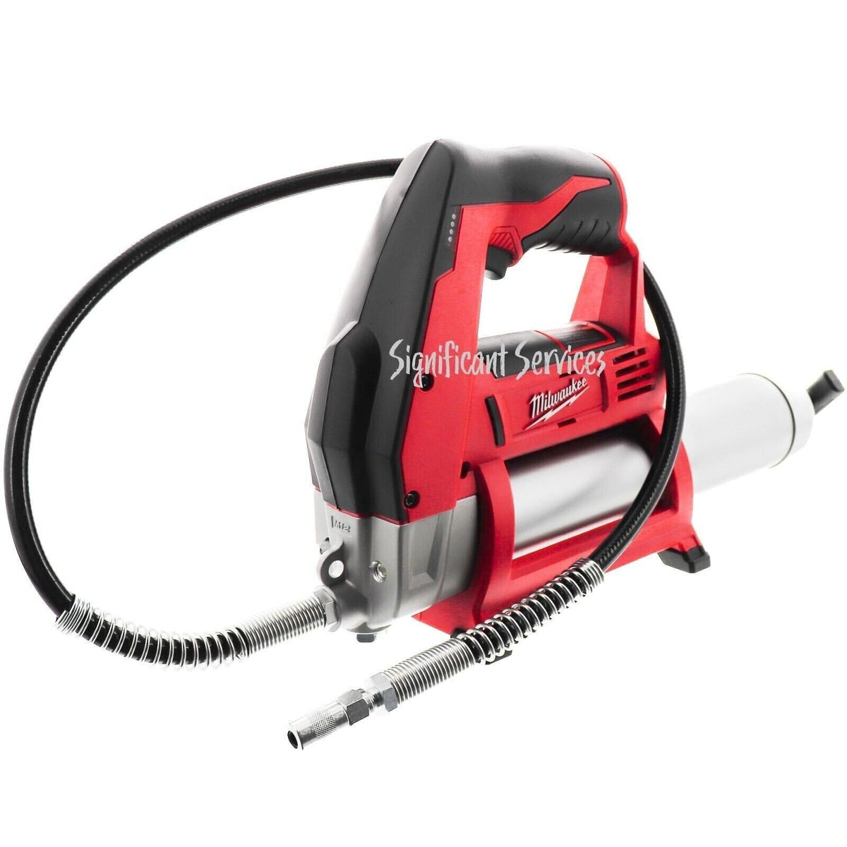 Milwaukee grease gun front view showing compact design and portability benefit