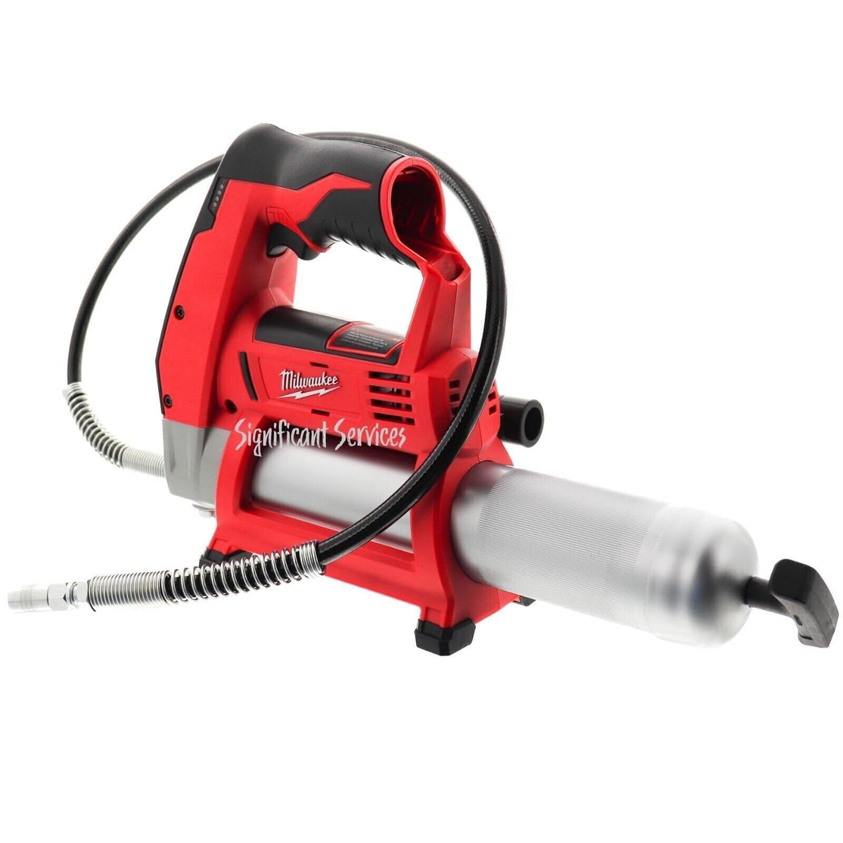 Milwaukee grease gun flex hose close-up with spring guard for leak prevention