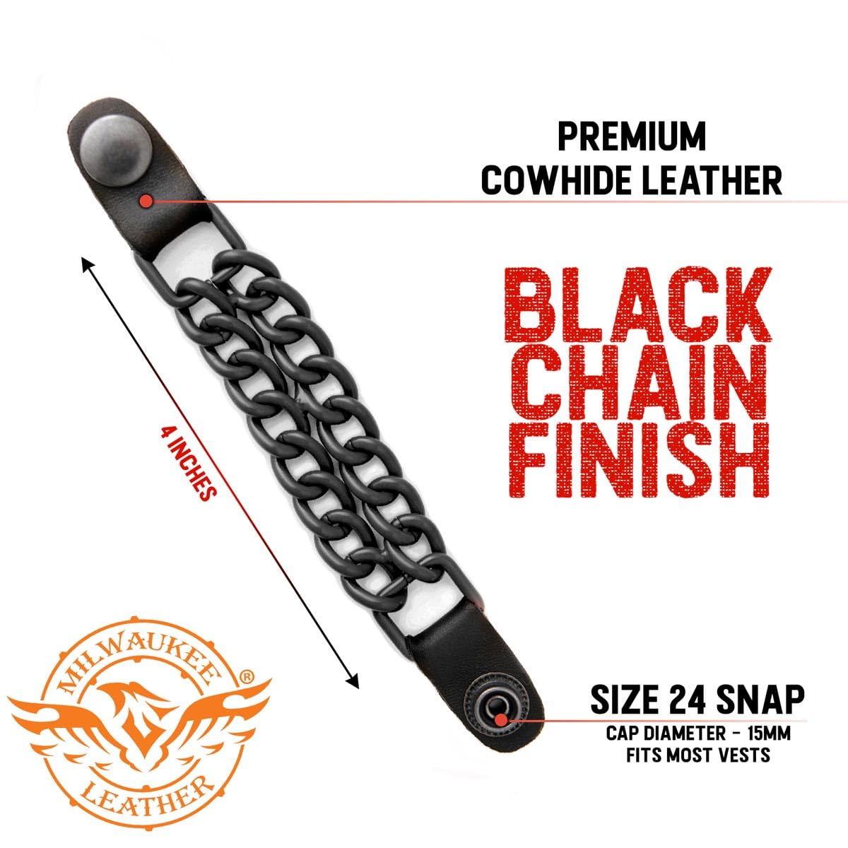 Milwaukee Leather close-up of leather loop medallion and nickel snap for secure attachment