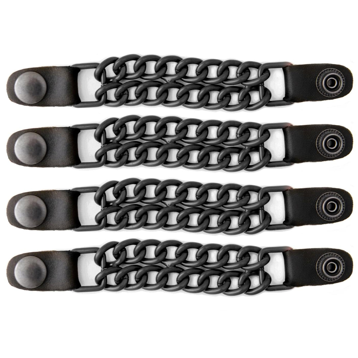 Milwaukee Leather front view showing four chrome double-chain extenders improving vest fit