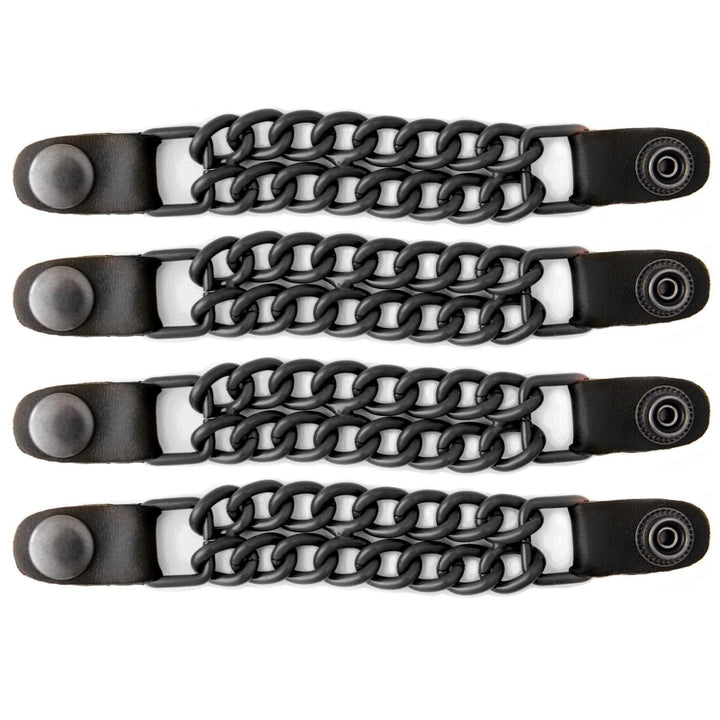 Milwaukee Leather front view showing four chrome double-chain extenders improving vest fit