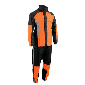 Milwaukee Leather front view showing black and orange high-visibility panels and reflective piping for safety