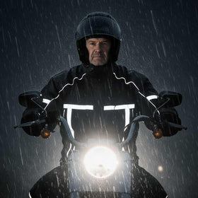 Milwaukee Leather rider wearing suit on motorcycle demonstrating road use