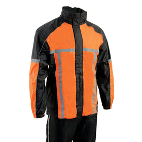 Milwaukee Leather rain suit next to helmet showing size and scale for X-Large fit
