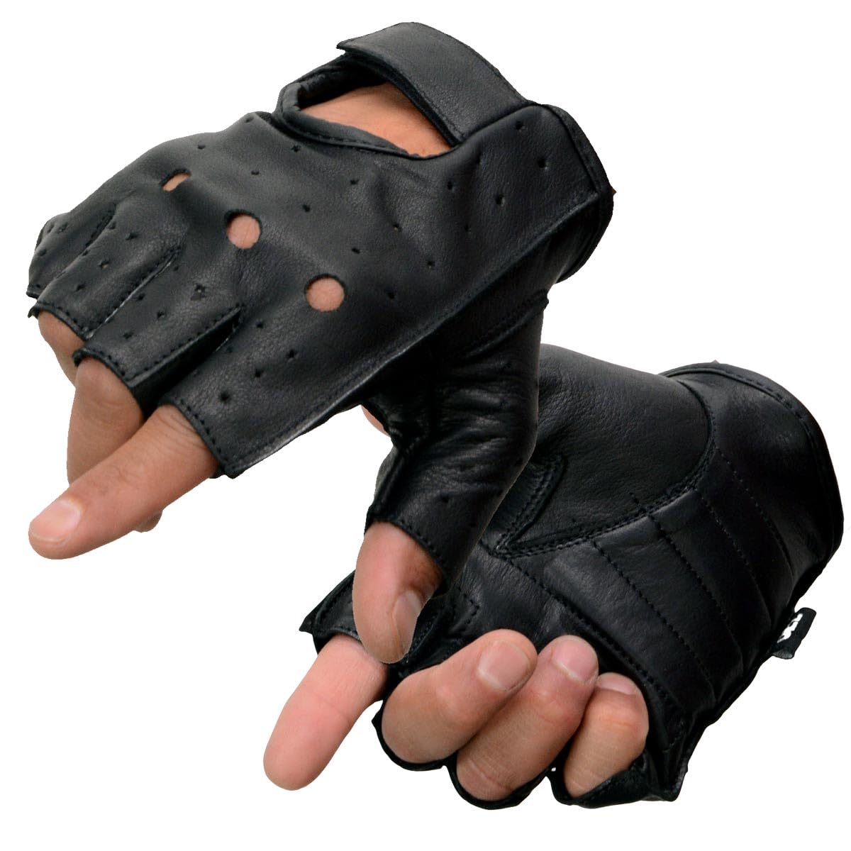 Milwaukee Leather front view showing black perforated fingerless design and fit benefit