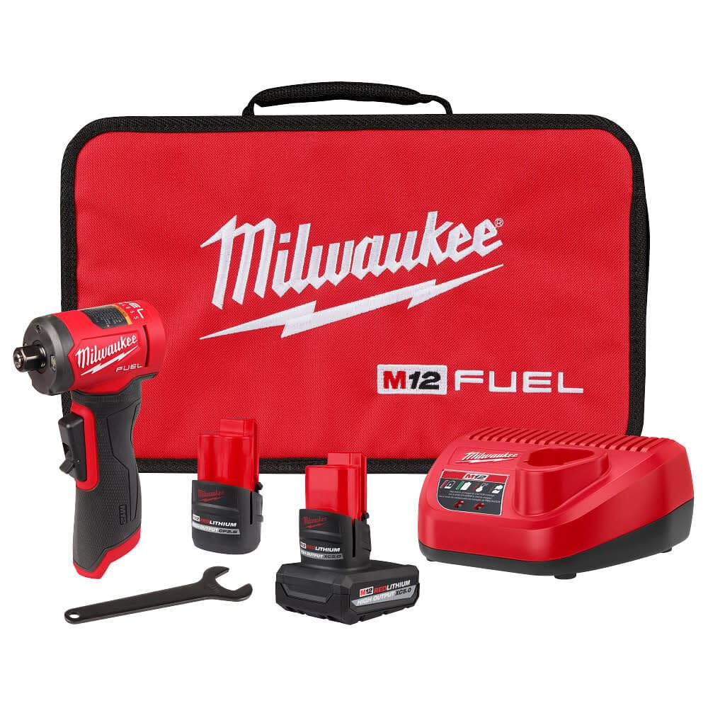 Milwaukee M12 FUEL right-angle die grinder front view showing compact head and control for improved access