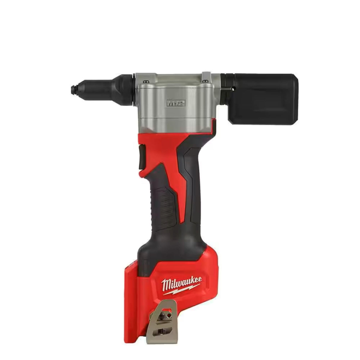 Milwaukee M12 rivet tool front view shows compact design for faster installation