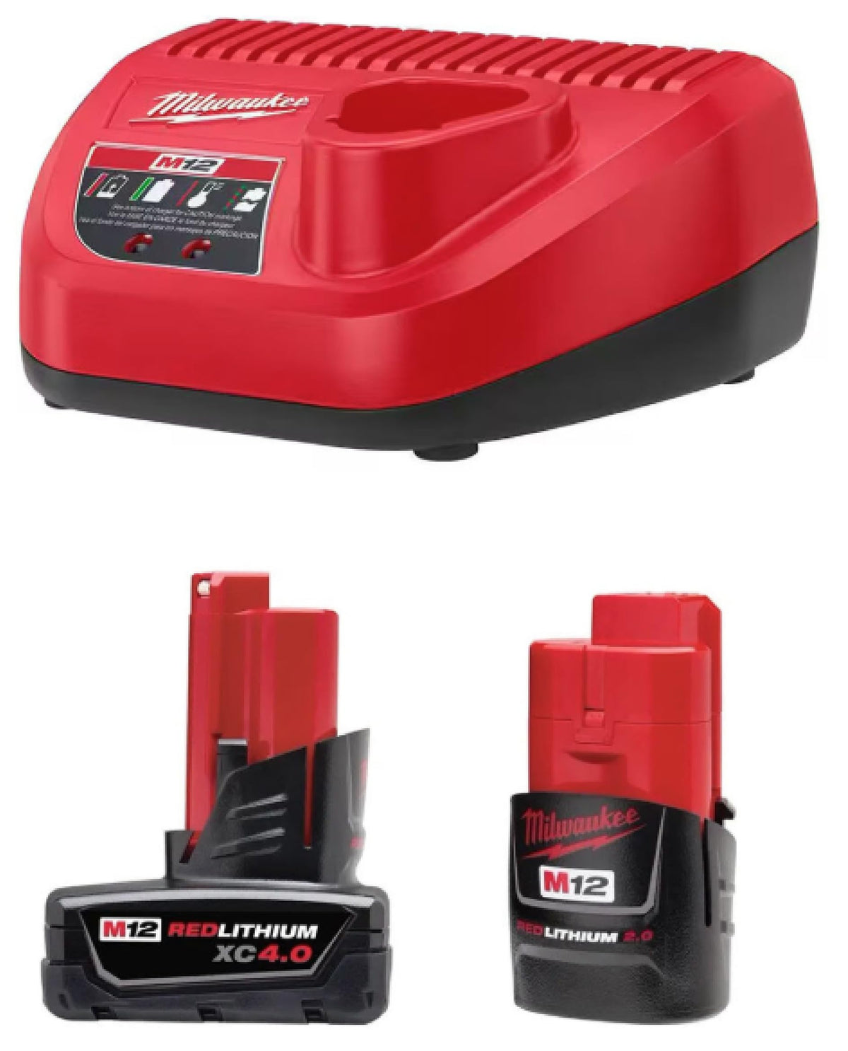 Milwaukee M12 starter pack front view showing batteries and charger for reliable runtime