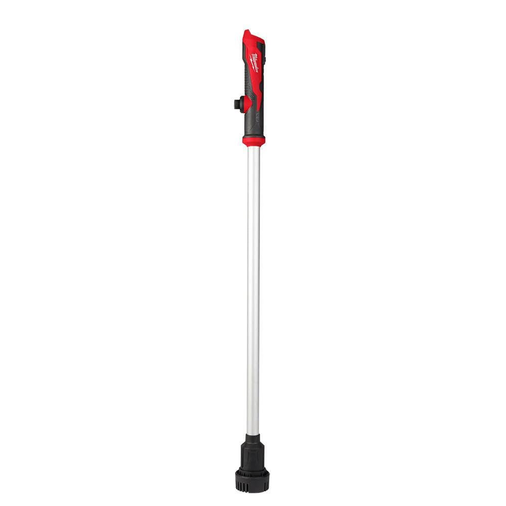 Milwaukee M12 stick transfer pump front view showing compact design and fast transfer benefit