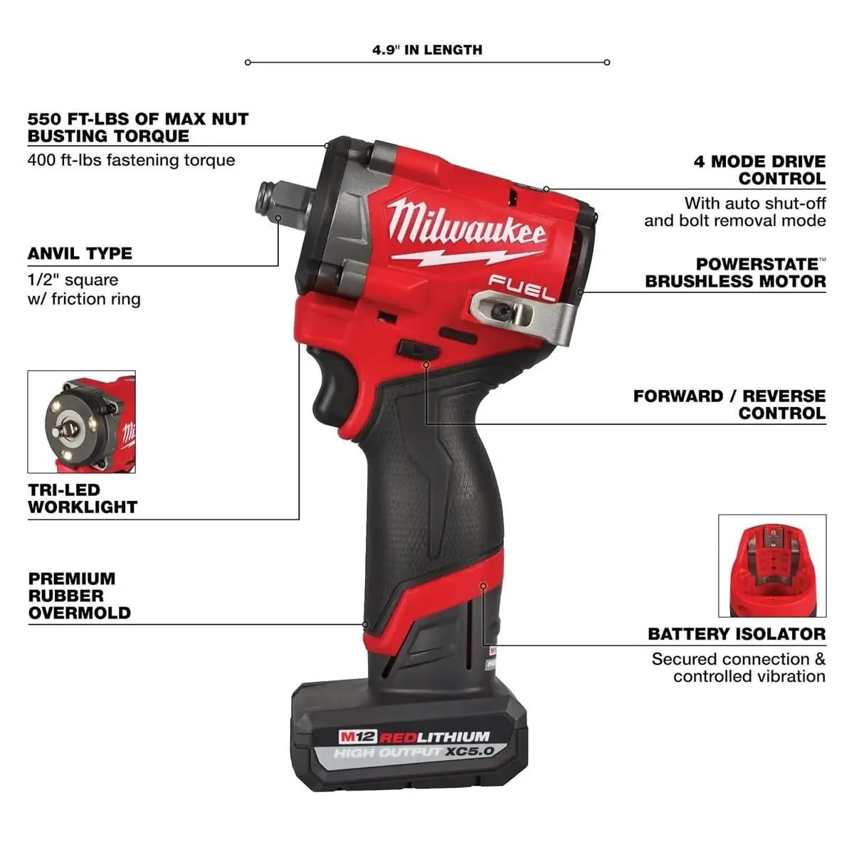 Milwaukee M12 side profile focusing on short 1/2" anvil for tight spaces