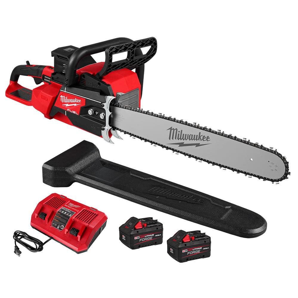 Milwaukee M18 FUEL chainsaw front view showing bar and chain, highlighting professional cutting power