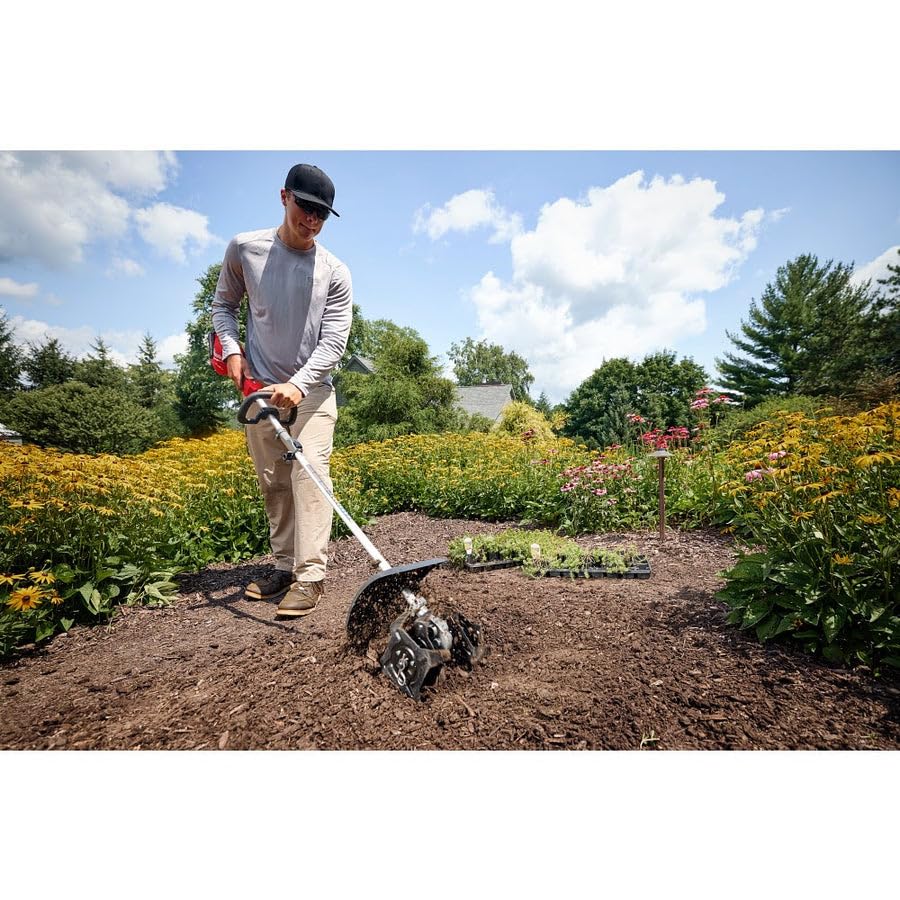Milwaukee power head in use with trimmer attachment demonstrating clean cutting and control