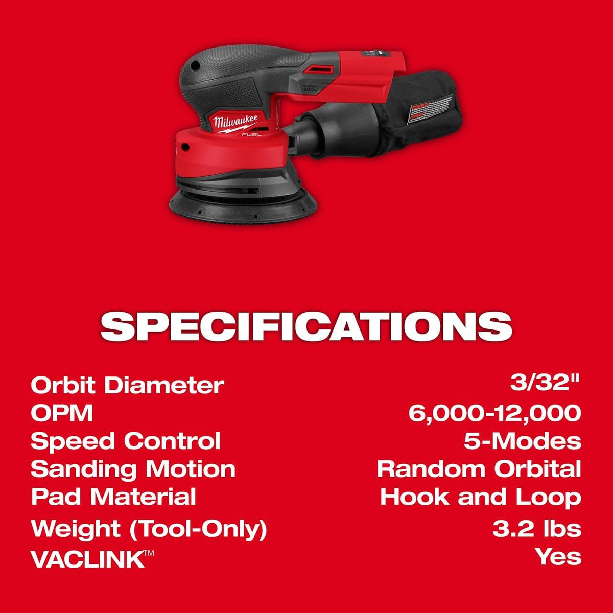 Milwaukee M18 FUEL sander label and markings indicating model and specs
