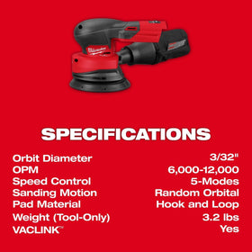Milwaukee M18 FUEL sander label and markings indicating model and specs