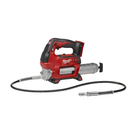Milwaukee M18 grease gun front view showing robust body and easy-to-use trigger