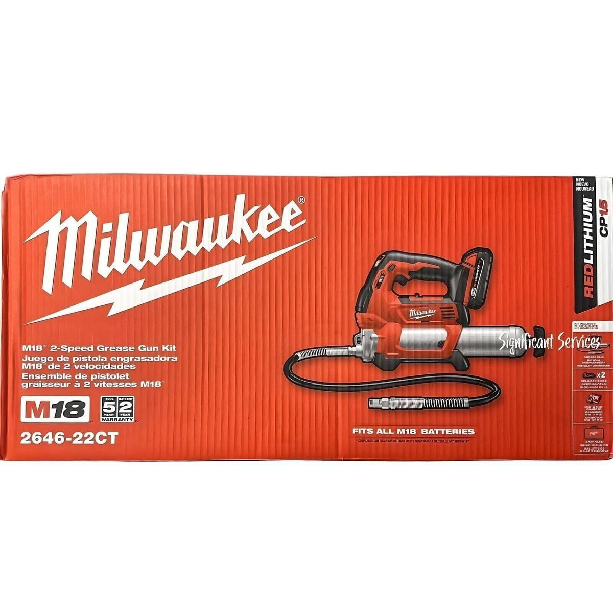 Milwaukee M18 grease gun front view showing controls and durable housing for improved reliability