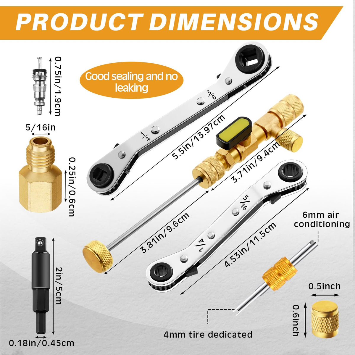 Mimorou dual-head valve core tool close-up showing brass adapter for leak-free servicing