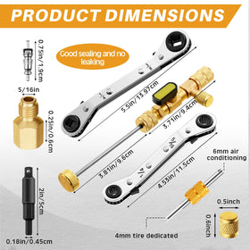 Mimorou dual-head valve core tool close-up showing brass adapter for leak-free servicing
