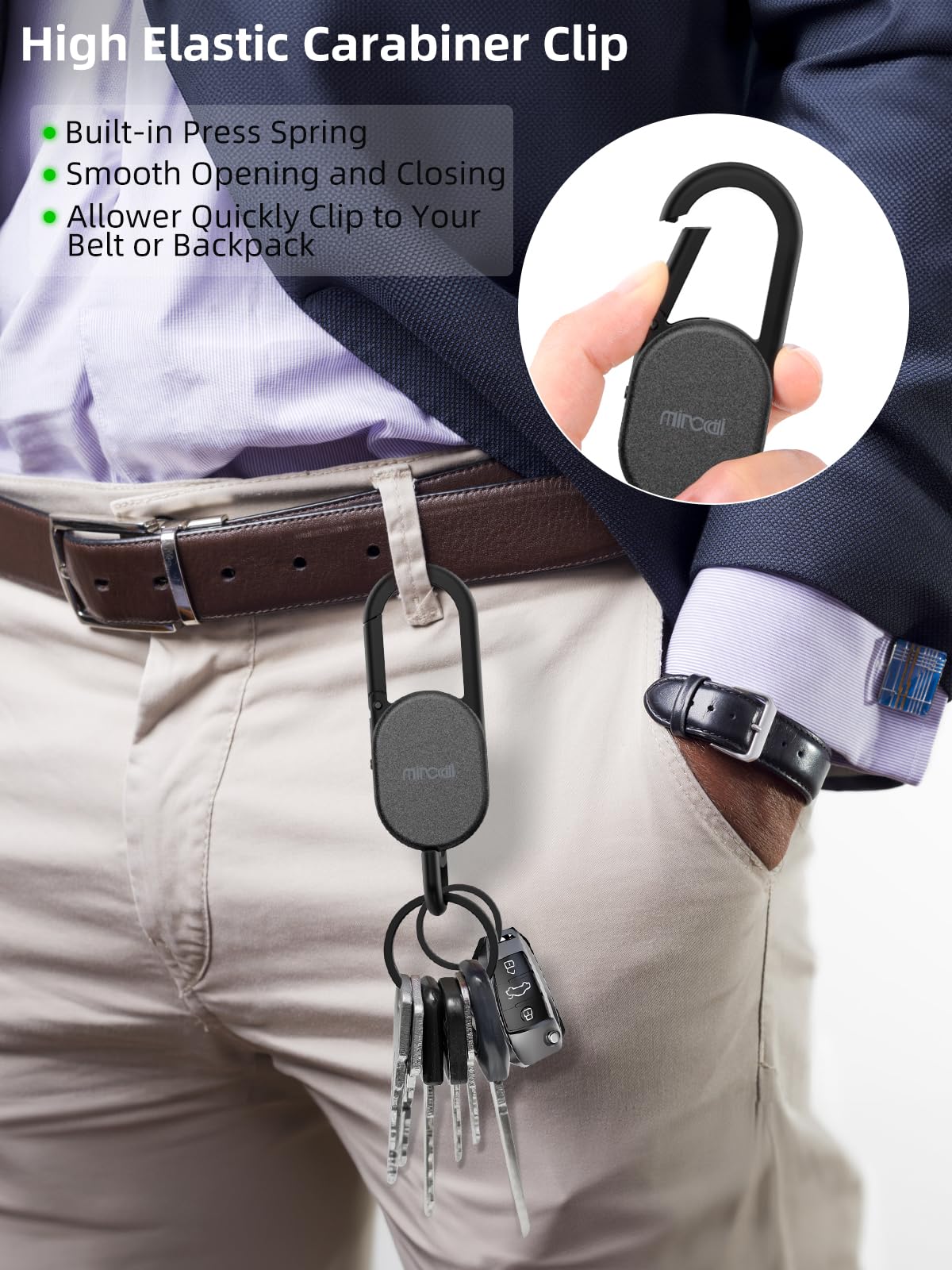 Miroddi tracker clipped to backpack demonstrating easy attachment