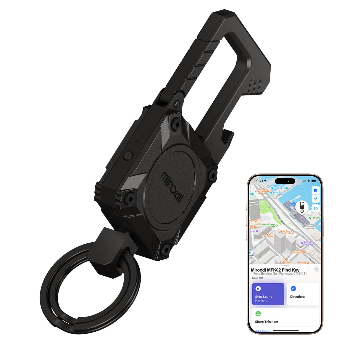 Miroddi keychain front view showing polished metal and carabiner benefit visibility