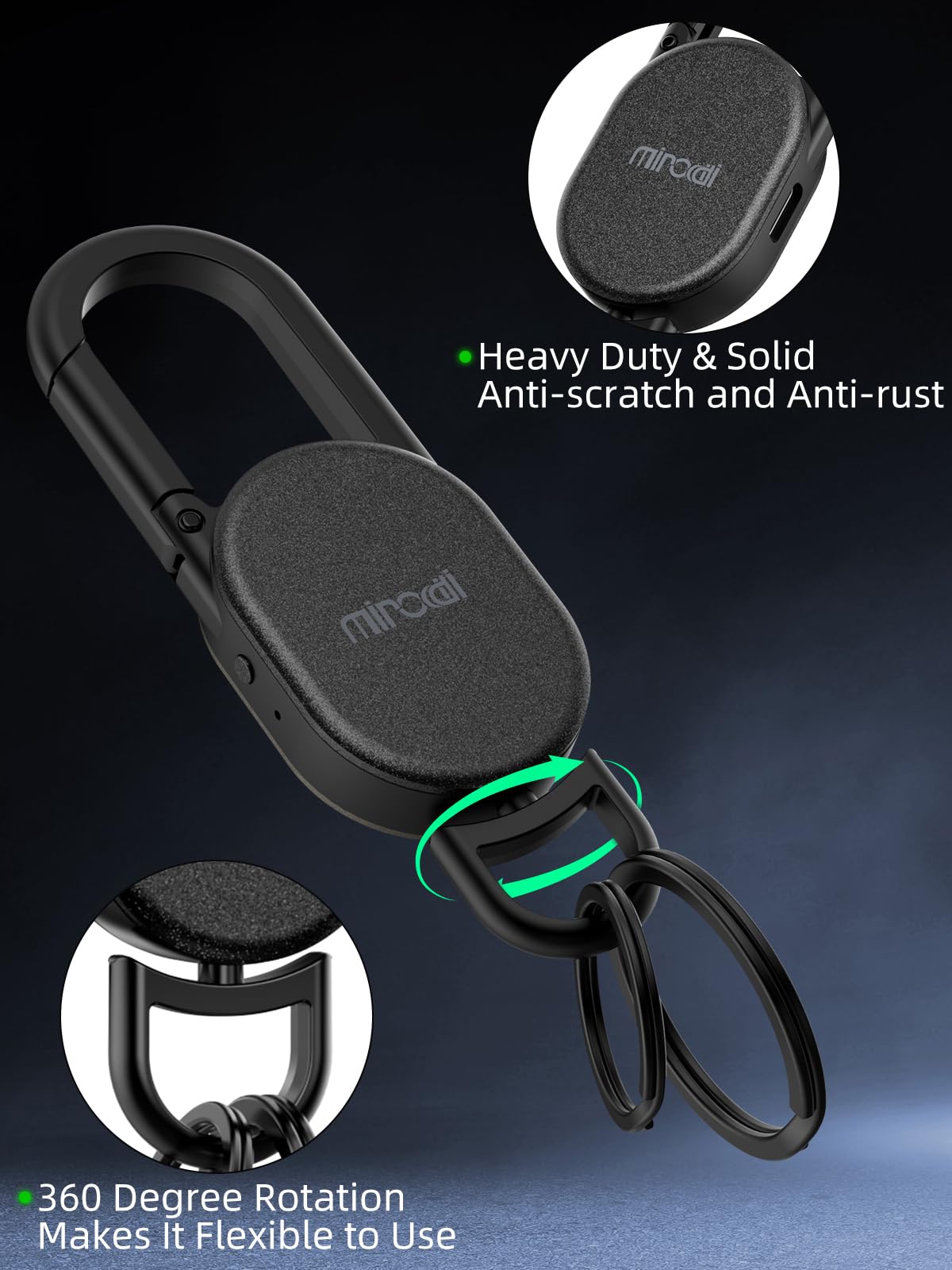 Miroddi rotating hook detail showing 360-degree movement for tangle-free use