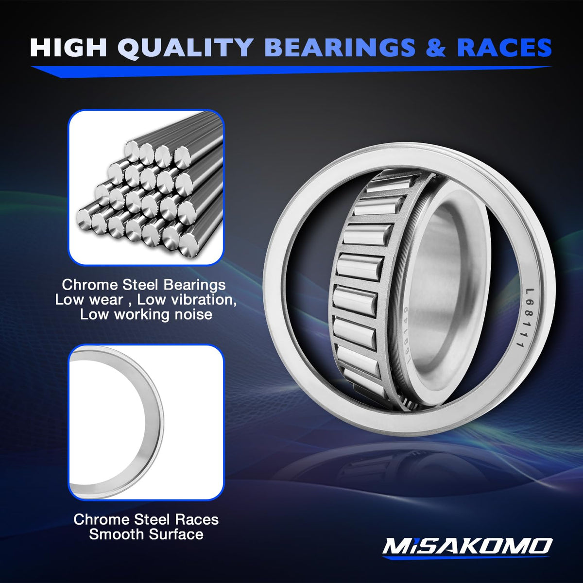 Misakomo close-up of chrome steel bearing surfaces highlighting low-wear construction