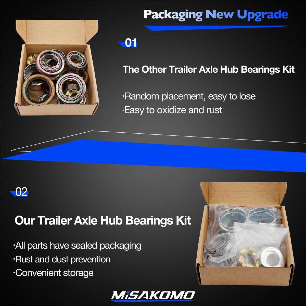 Misakomo layout of included hardware showing cotter pins, nuts, washers for easy installation