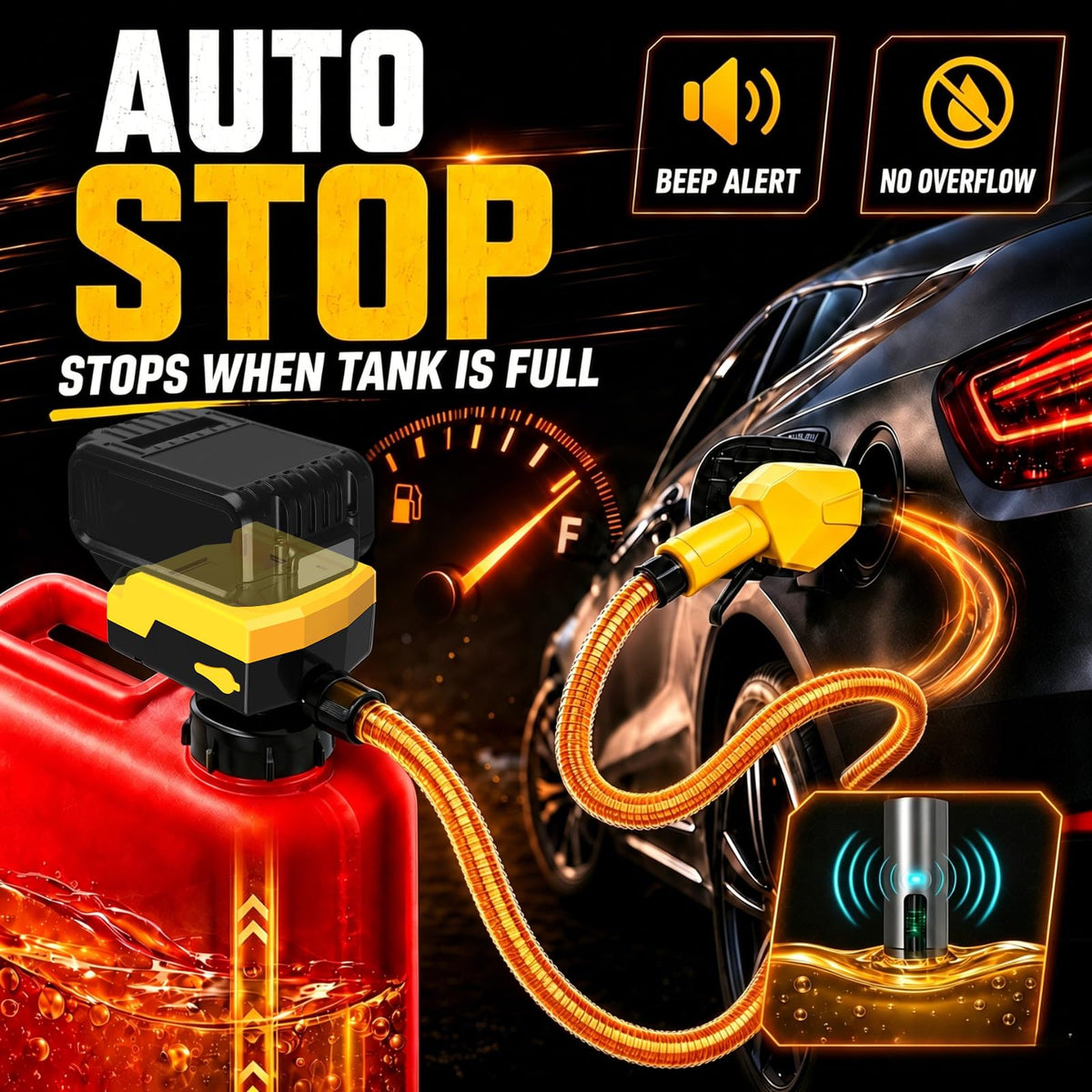 MISFANS close-up of auto-stop nozzle demonstrating automatic shutoff for spill prevention
