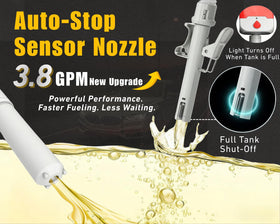 MISFANS nozzle close-up with auto-stop sensor, prevents spills