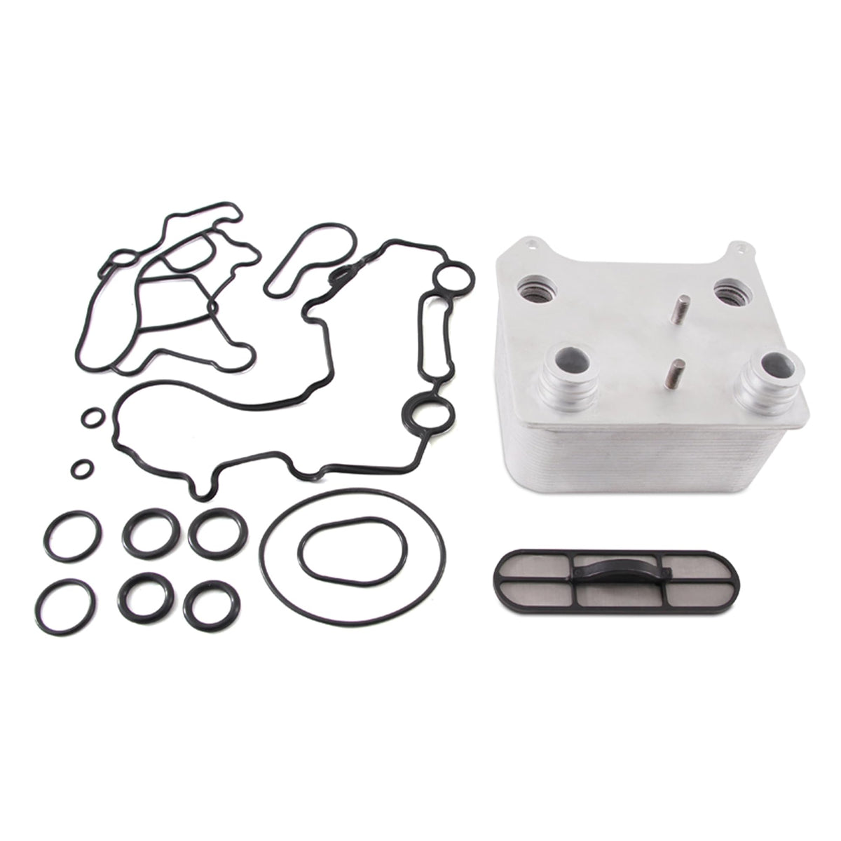 Mishimoto front view of replacement oil cooler showing mounting points and fitment benefits