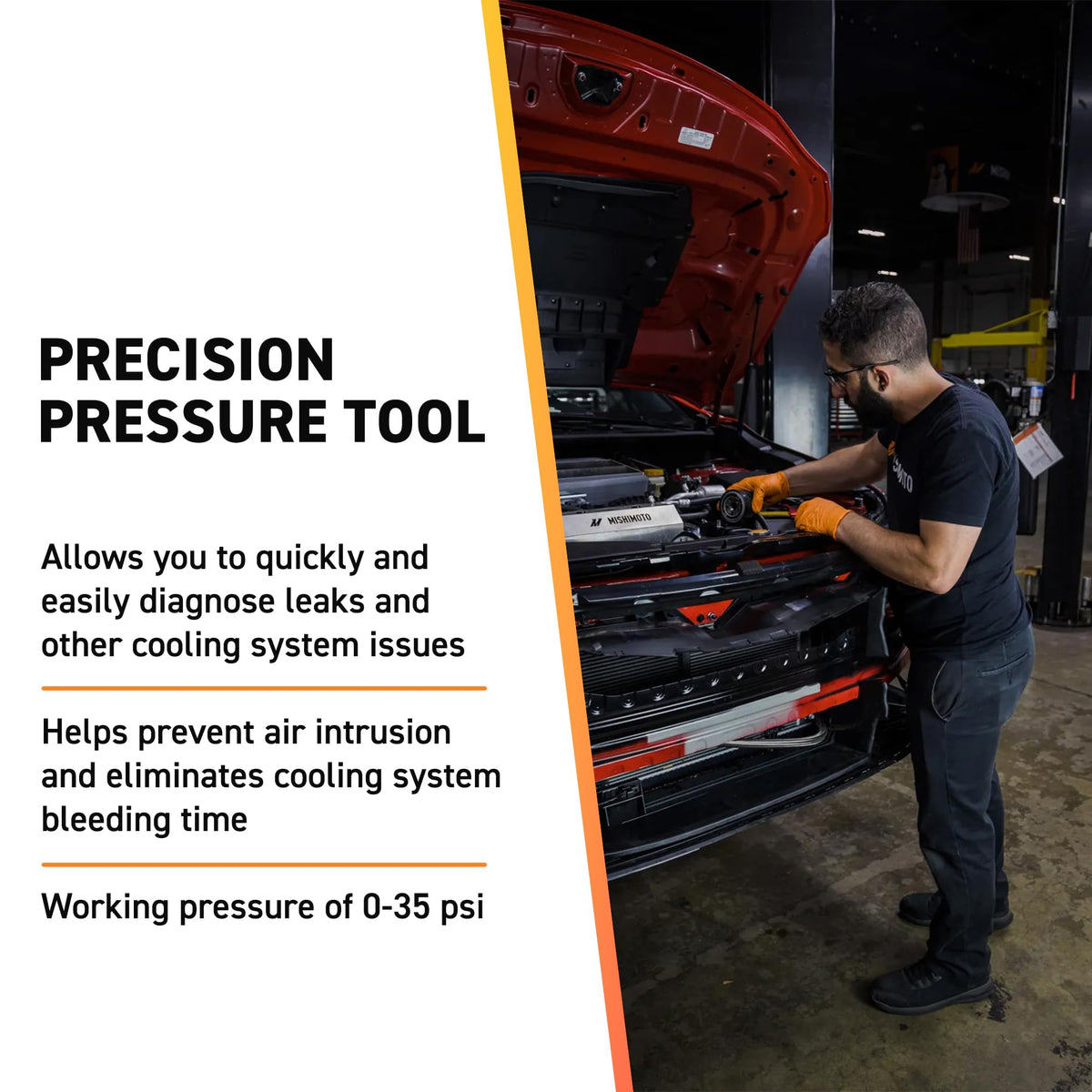Mishimoto pressure gauge detail showing clear readout for accurate leak detection