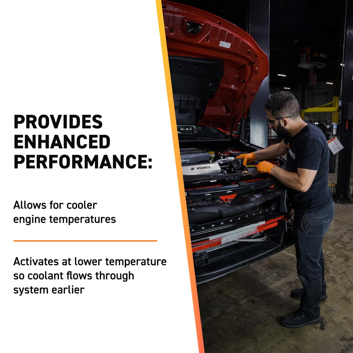 Mishimoto thermostat installed in Dodge engine bay showing improved cooling under load