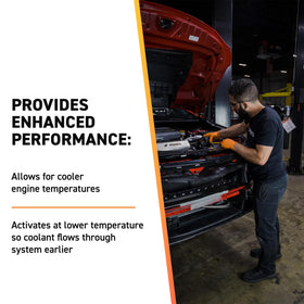 Mishimoto thermostat installed in Dodge engine bay showing improved cooling under load