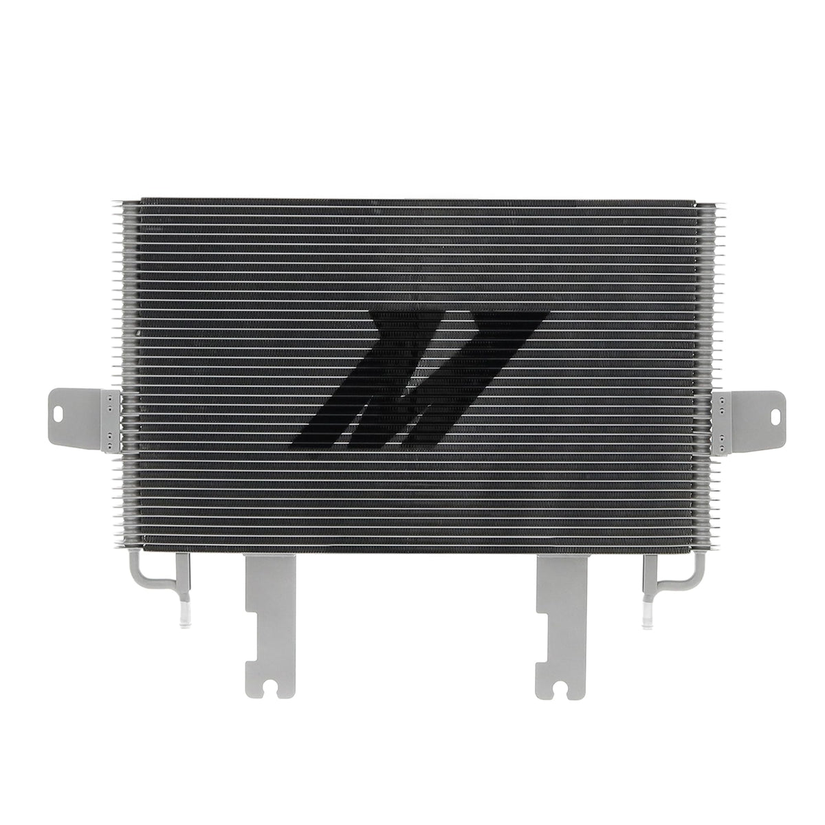 Mishimoto front view of silver cooler showing fit and improved cooling