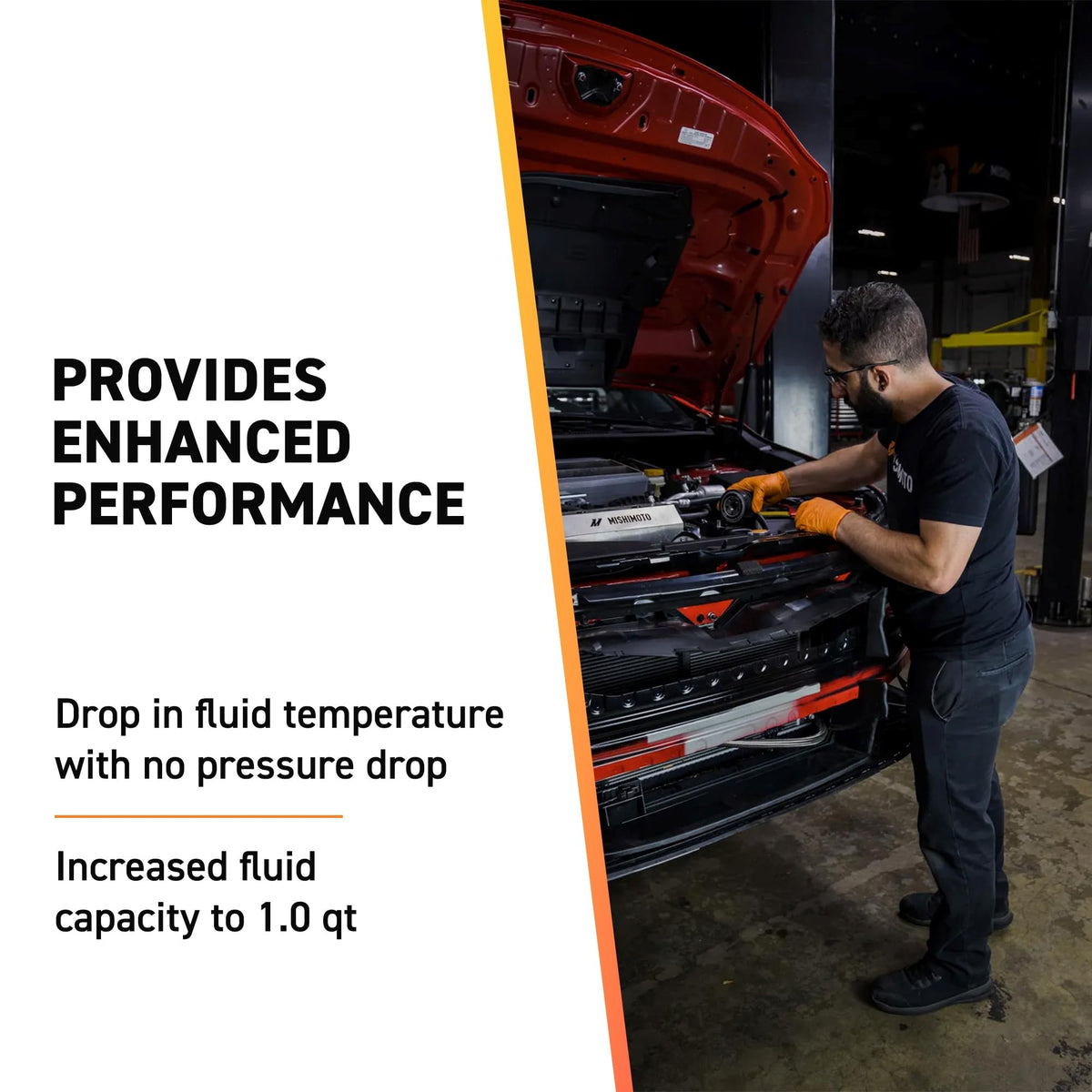 Mishimoto cooler mounted under hood demonstrating direct-fit installation