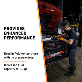 Mishimoto cooler mounted under hood demonstrating direct-fit installation