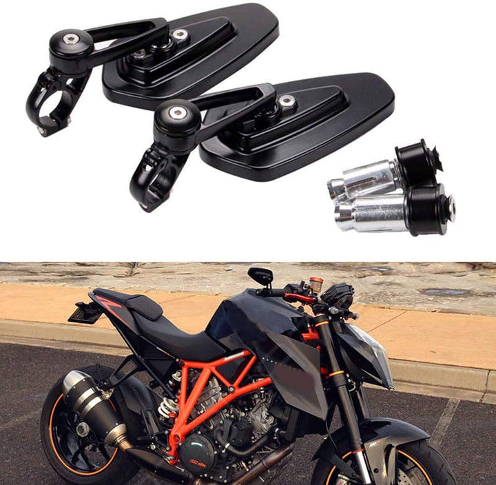 MISS MOLY front view of black bar end mirrors showing sleek compact profile and durability
