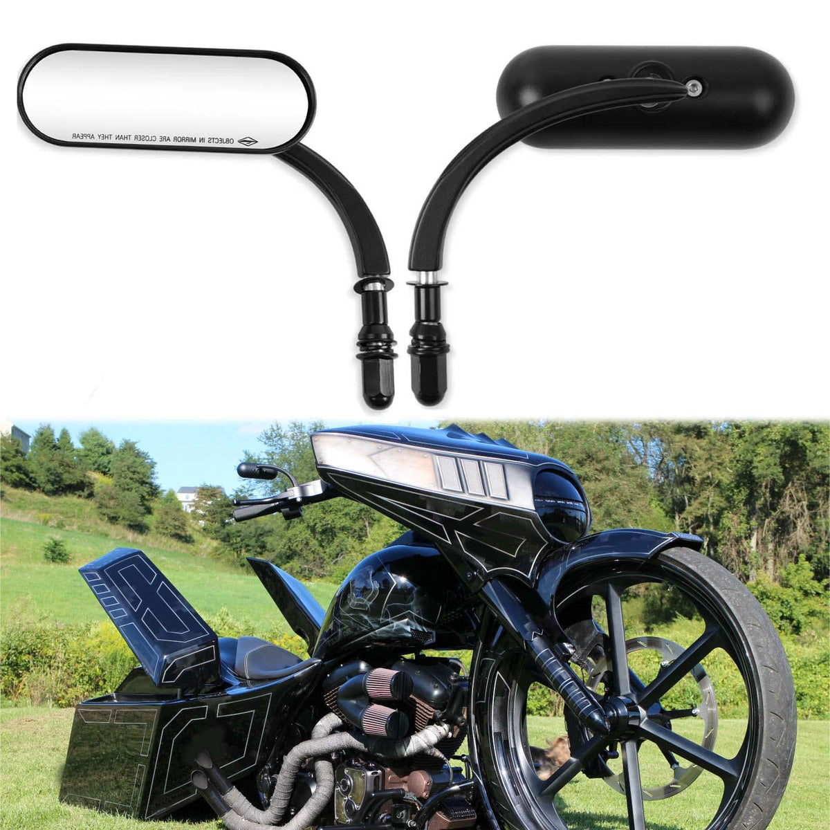 MISS MOLY mirror mounted on Harley illustrating clean fit and modern styling