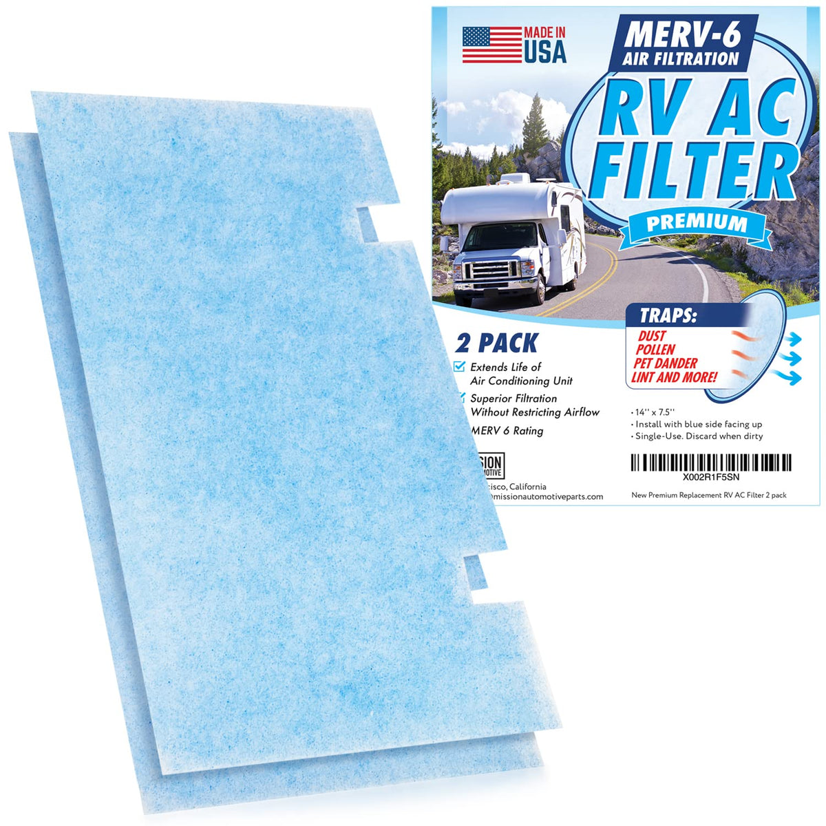 Mission Automotive front packaging showing two replacement filters and part fit benefits