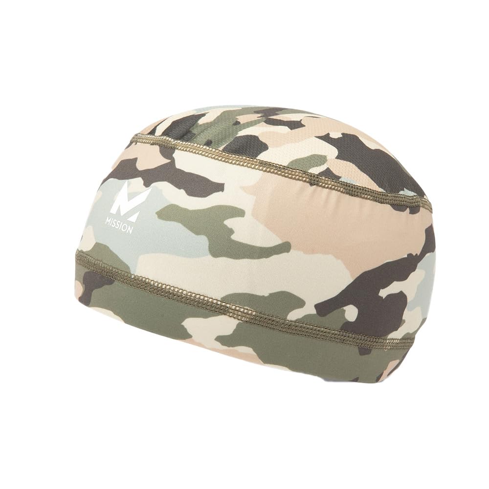 MISSION helmet liner front view showing safari camo and compact design benefit