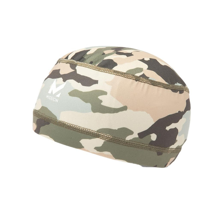 MISSION helmet liner front view showing safari camo and compact design benefit