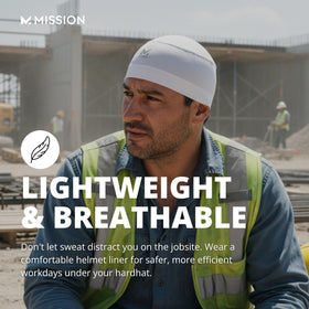 MISSION helmet liner in hand to show compact size and easy portability