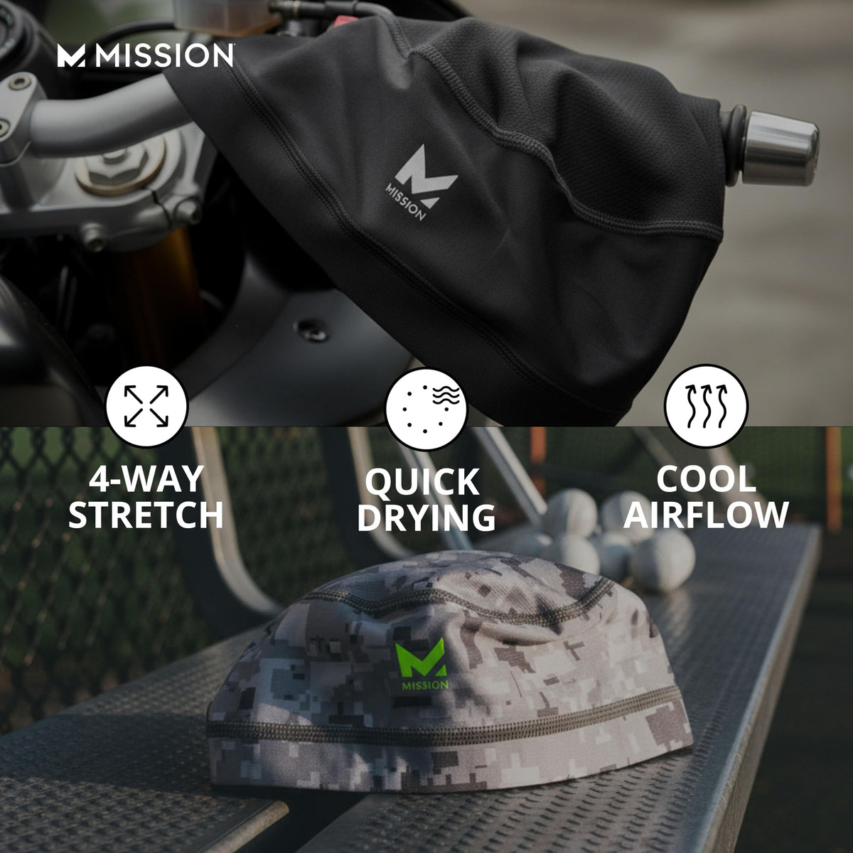 MISSION liner worn under helmet demonstrating secure, non-bulky fit benefit