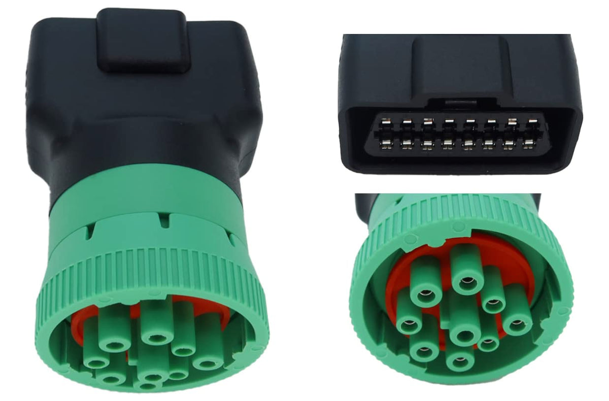 MITOB adapter front view showing green J1939 plug and OBD2 outlet for easy connection