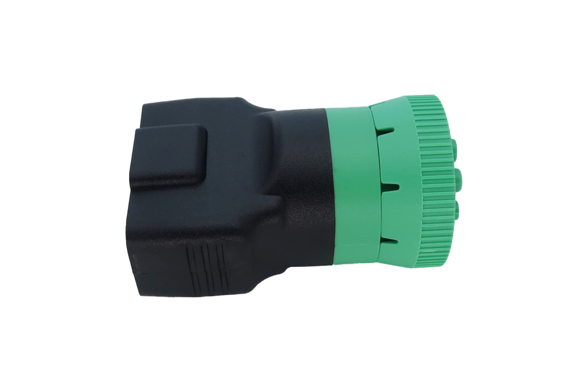 MITOB close-up of green J1939 9-pin connector showing durable overmold and secure pins