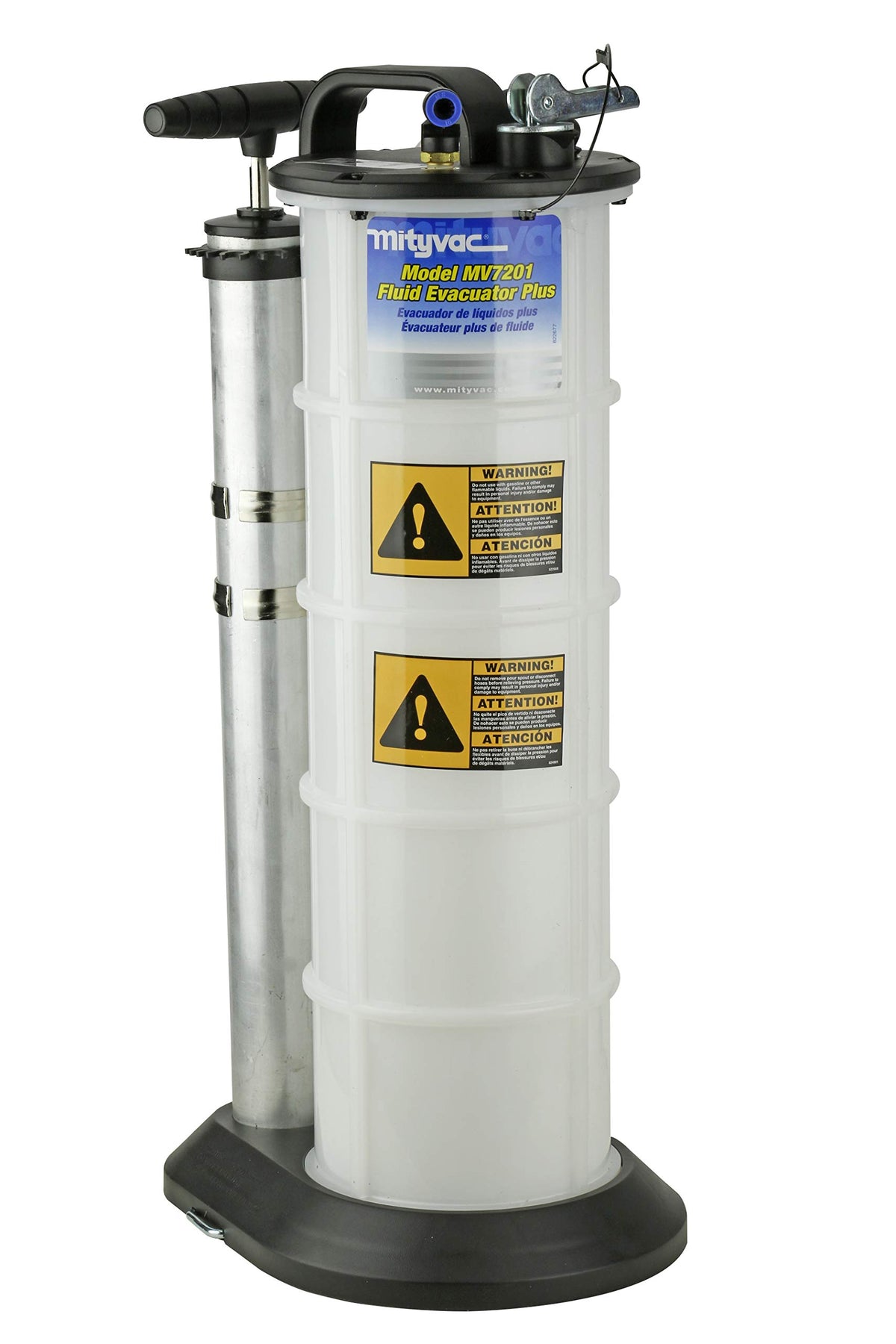 Mityvac front profile showing tank and pump for easy identification and benefit