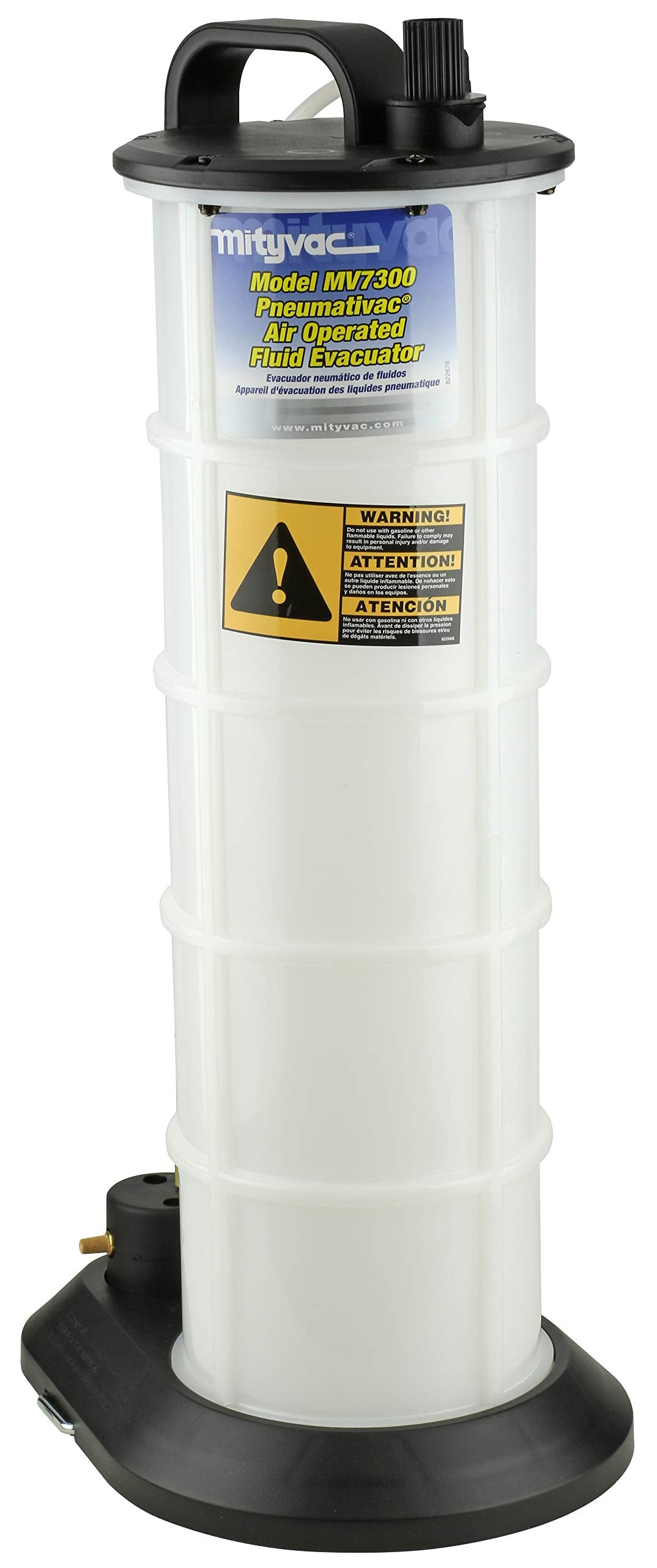 Mityvac MV7300 reservoir close-up highlighting chemical-resistant polyethylene benefit