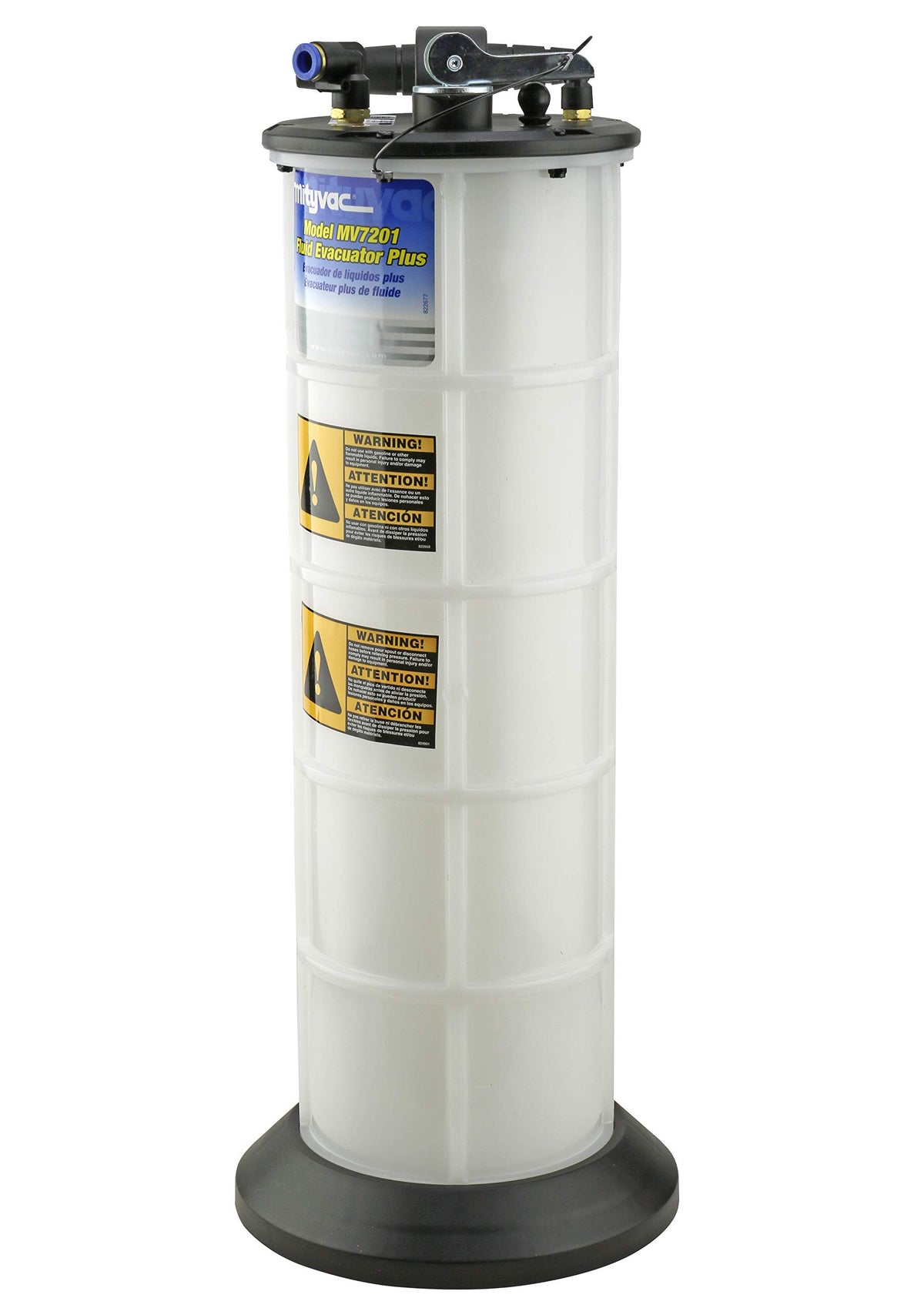Mityvac quick-drain spout detail illustrating fast, drip-reduced pouring benefit